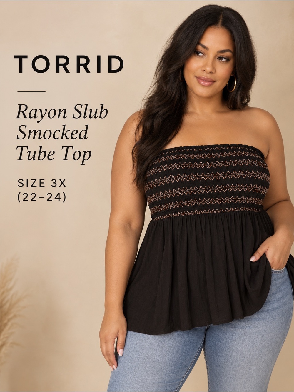 Torrid Rayon Slub Smocked Tube Top Black Size 3X 22-24 NWT
